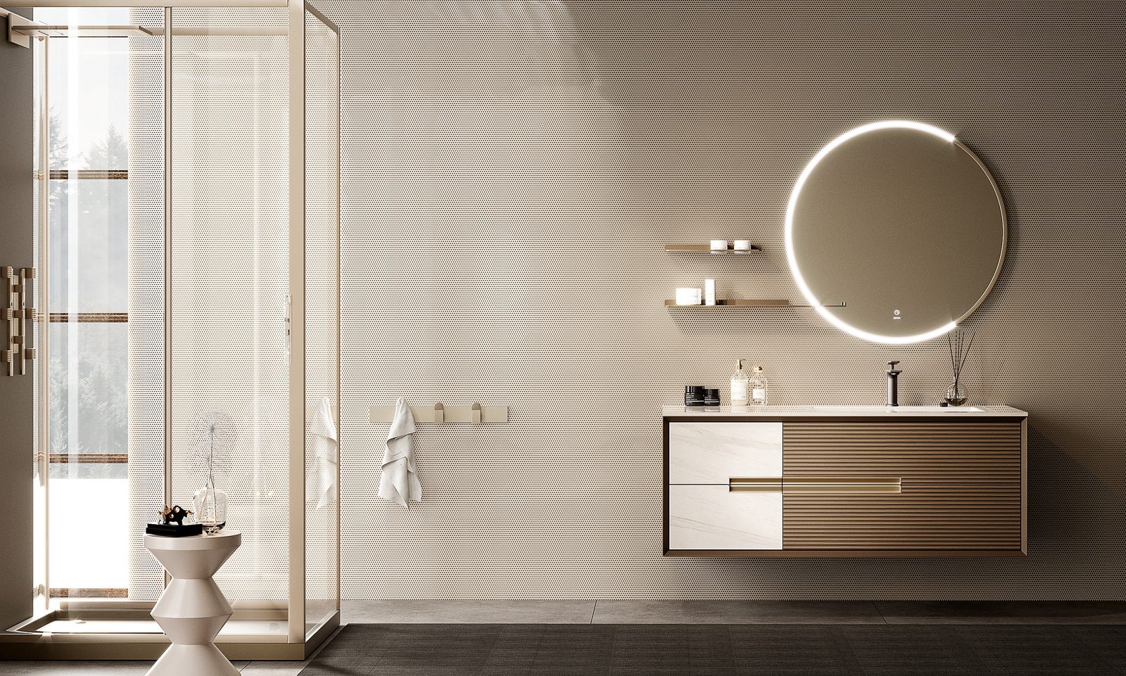 Mueble de baño Oppein flotante con espejo redondo iluminado