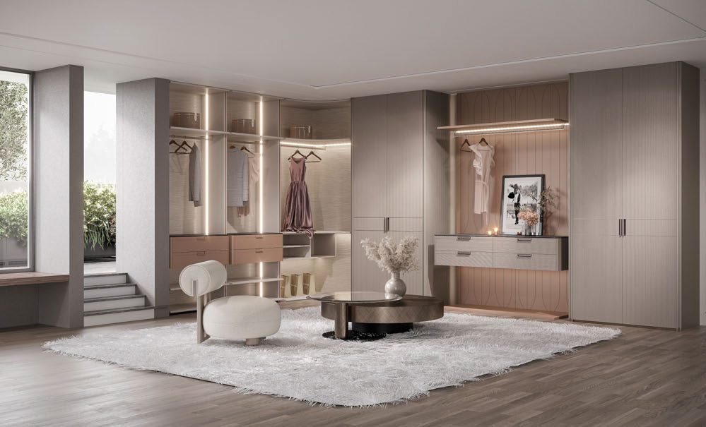 Render de un vestidor abierto con repisas iluminadas y zona de estar, ejemplo de propuesta de diseño