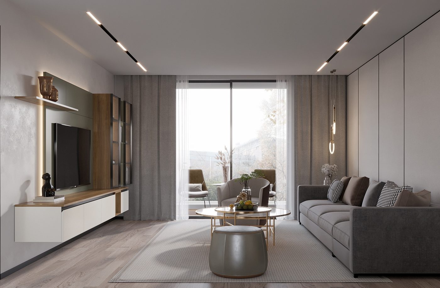 Sala Oppein con sofá gris, mesa de centro y mueble de TV a medida