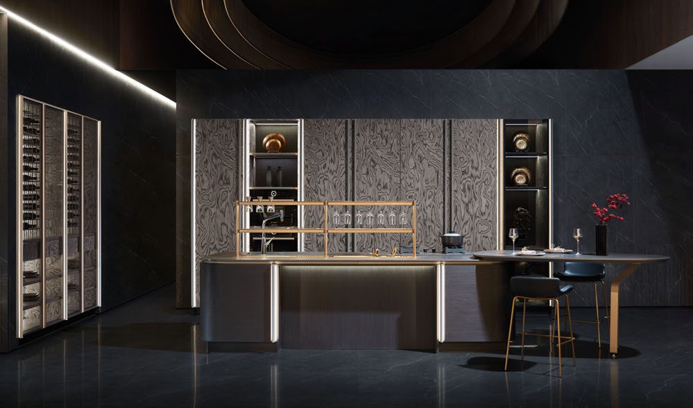 Ambiente de cocina Oppein con iluminación cálida, referencia de experiencia en showroom